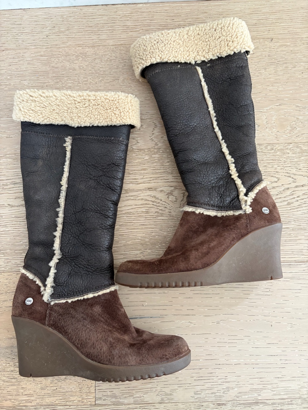 UGG Sandra Wedge Boot Suede & Dark Brown Leather Wedge Shearling Boots 7